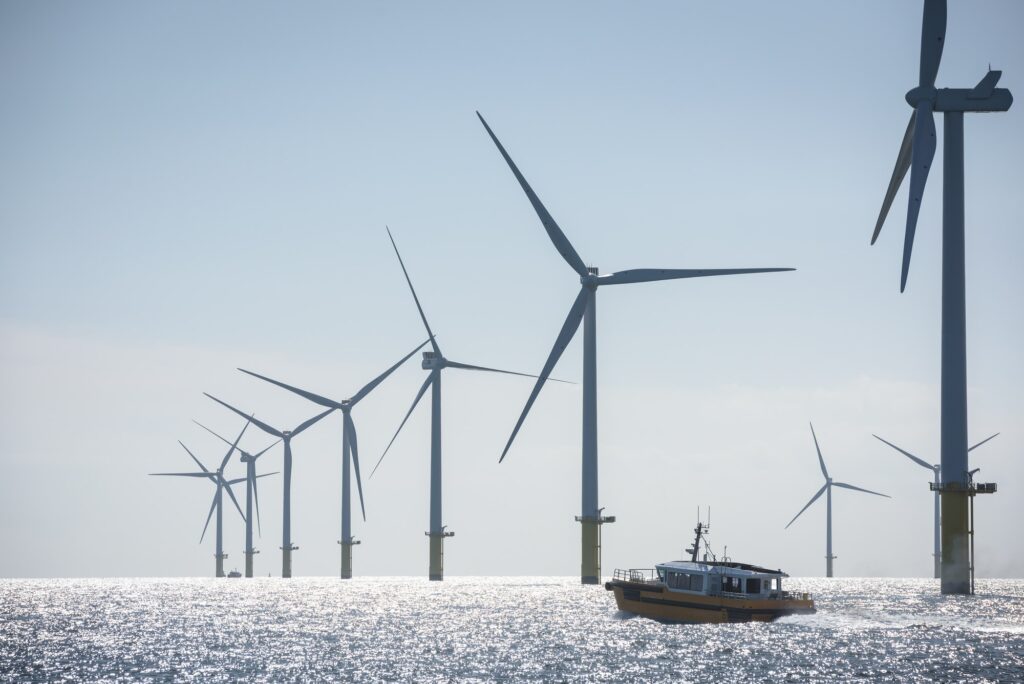 View of service boat at offshore windfarm